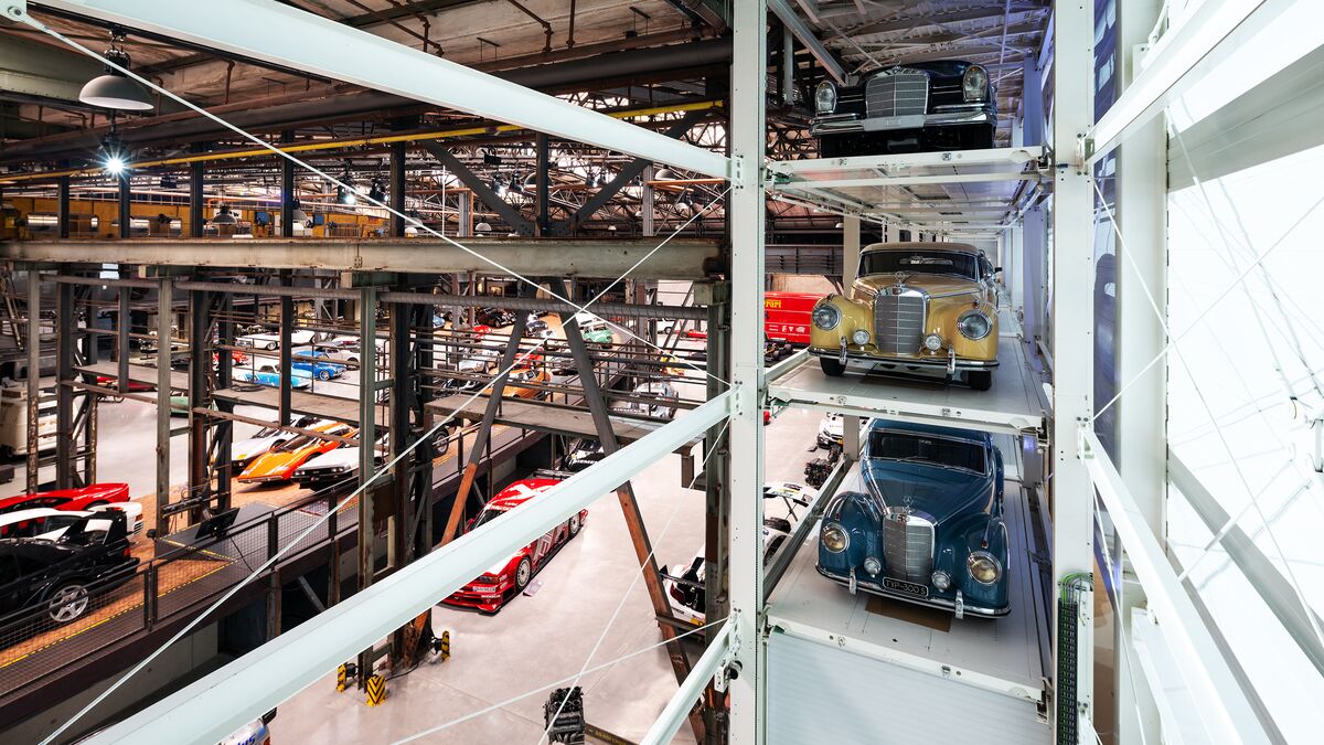 Side view of an automated parking system in the museum