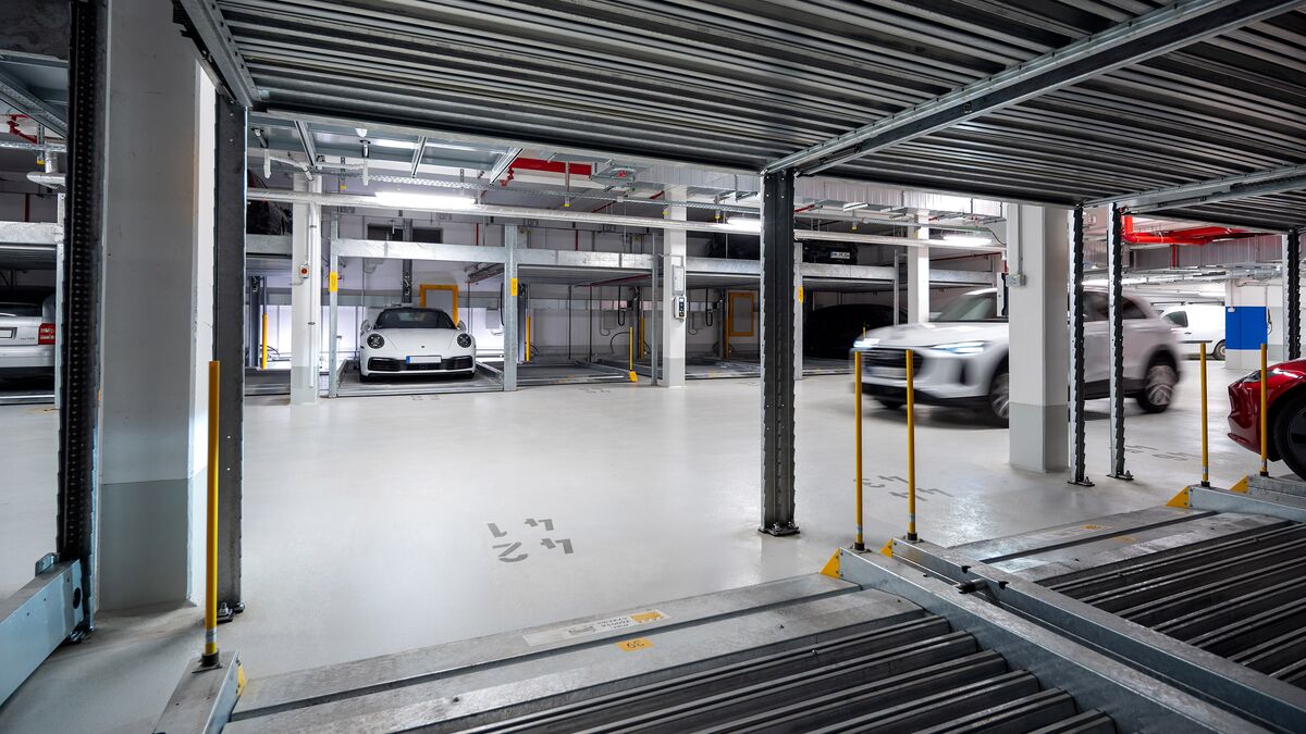 View from within the parking system, looking towards the aisle of the underground car park
