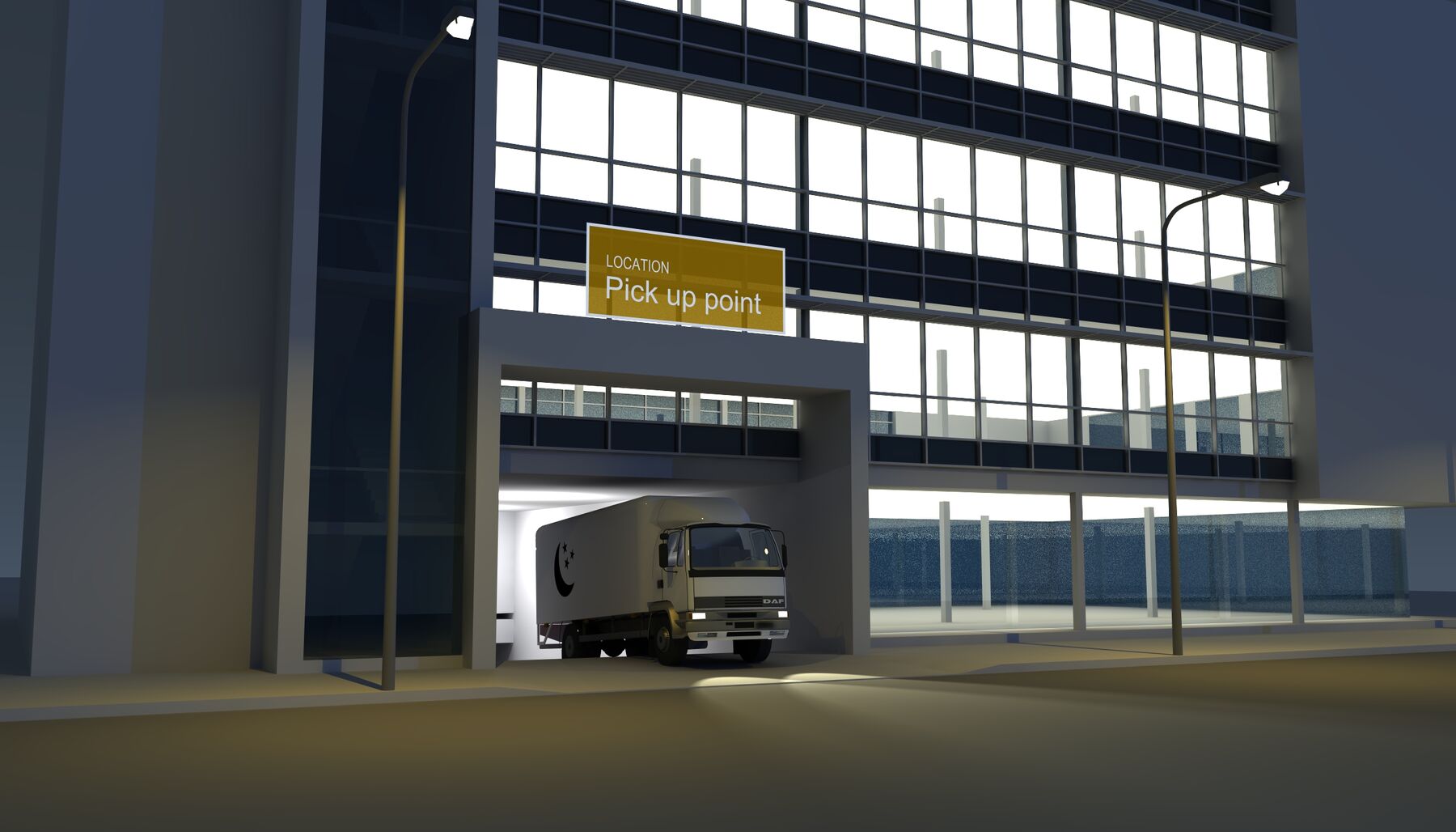 A rendering of a truck driving out of a building