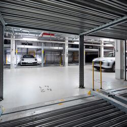 View from within the parking system, looking towards the aisle of the underground car park