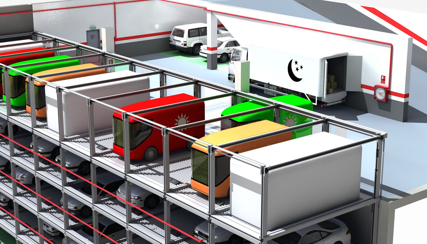 Rendering of a parking system where vans are parked