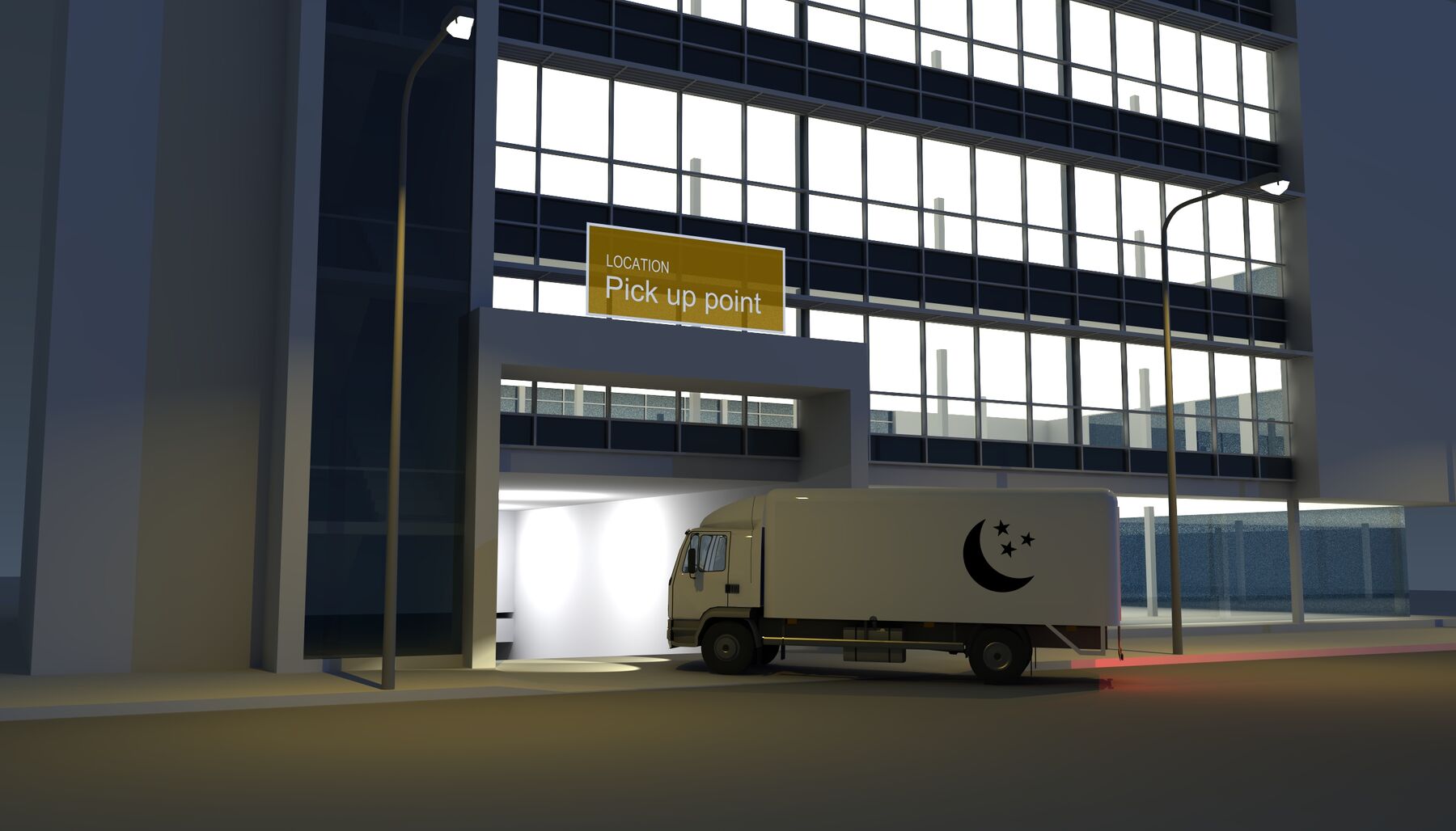 Rendering of a truck driving into a building